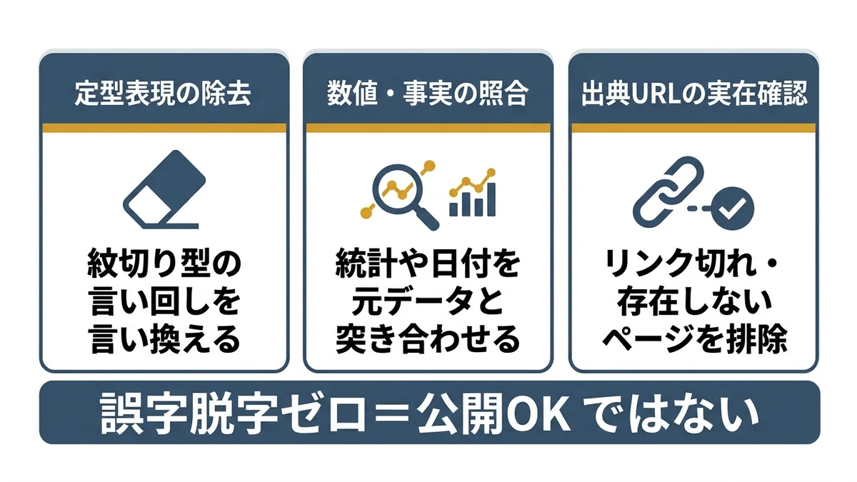 AIが書いた文章を校正する3つのチェックポイントを示した図解