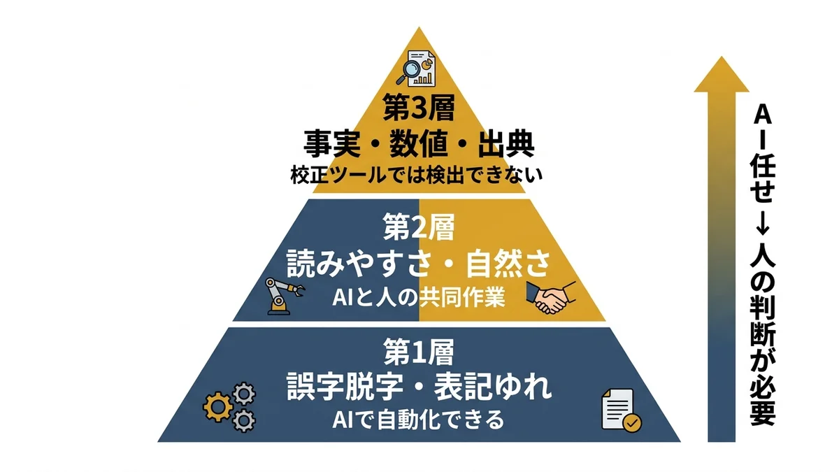 AI文章校正の3つの層（誤字脱字・読みやすさ・事実確認）を示した図解